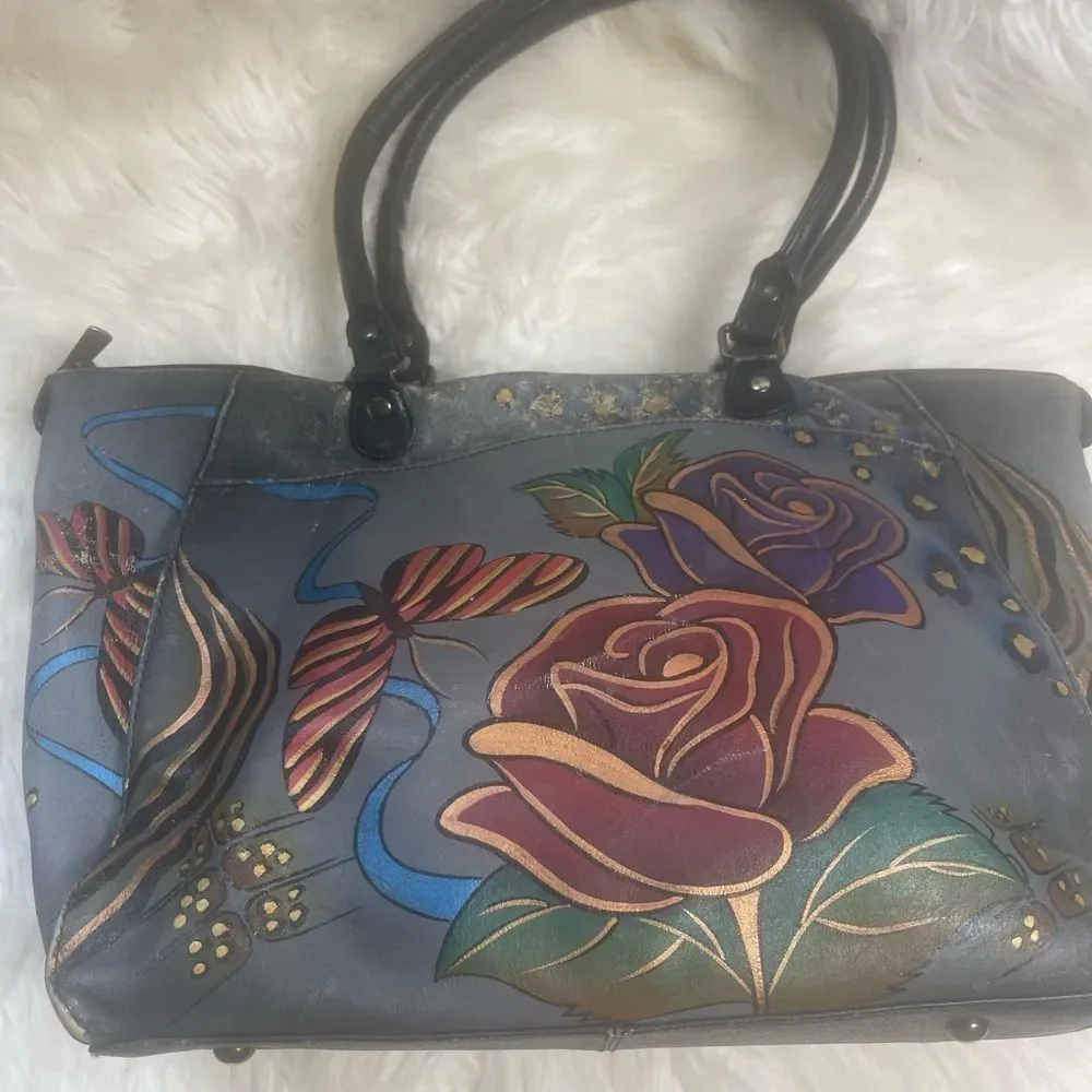 Hand-Painted Floral Leather Tote Bag - Gray